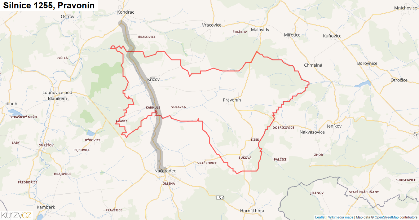 Pravonín, Silnice 1255 - Mapa
