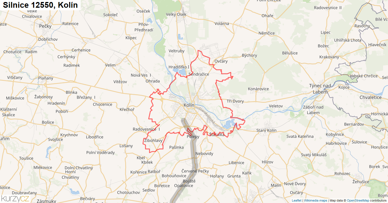 Kolín, Silnice 12550 - Mapa