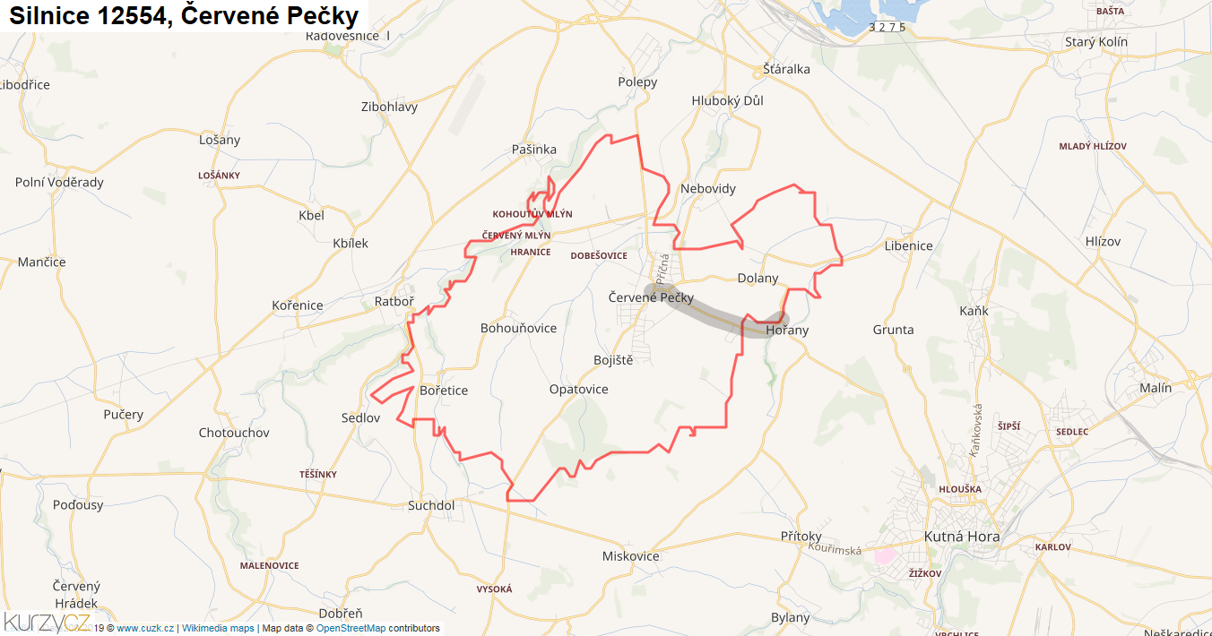 Červené Pečky, Silnice 12554 - Mapa