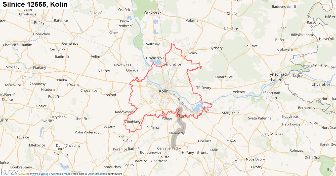 Kolín, Silnice 12555 - Mapa
