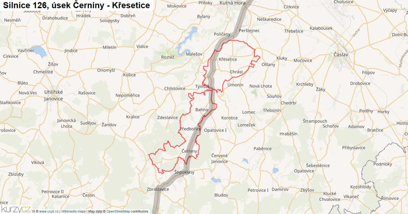 Úsek Černíny - Křesetice, Silnice 126 - Mapa