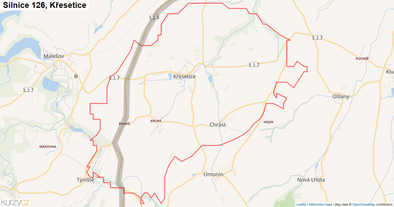 Křesetice, Silnice 126 - Mapa