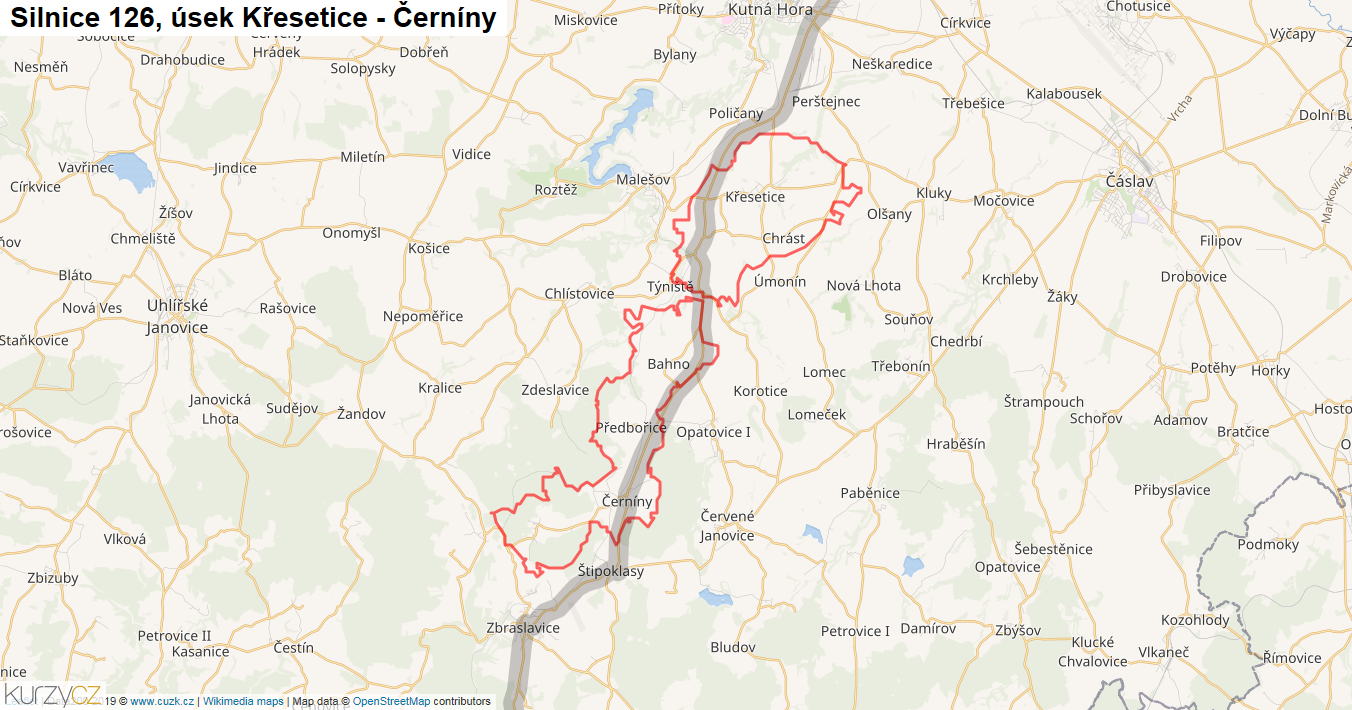 Úsek Křesetice - Černíny, Silnice 126 - Mapa