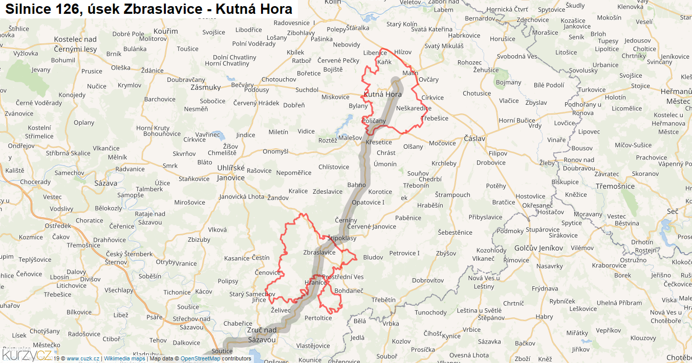 Úsek Zbraslavice - Kutná Hora, Silnice 126 - Mapa