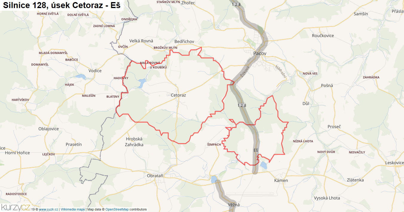 Úsek Cetoraz - Eš, Silnice 128 - Mapa