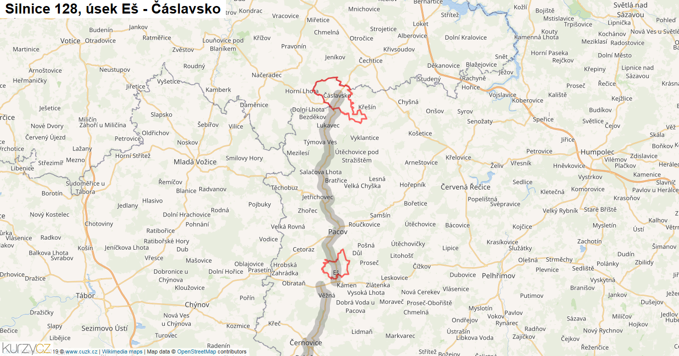 Úsek Eš - Čáslavsko, Silnice 128 - Mapa