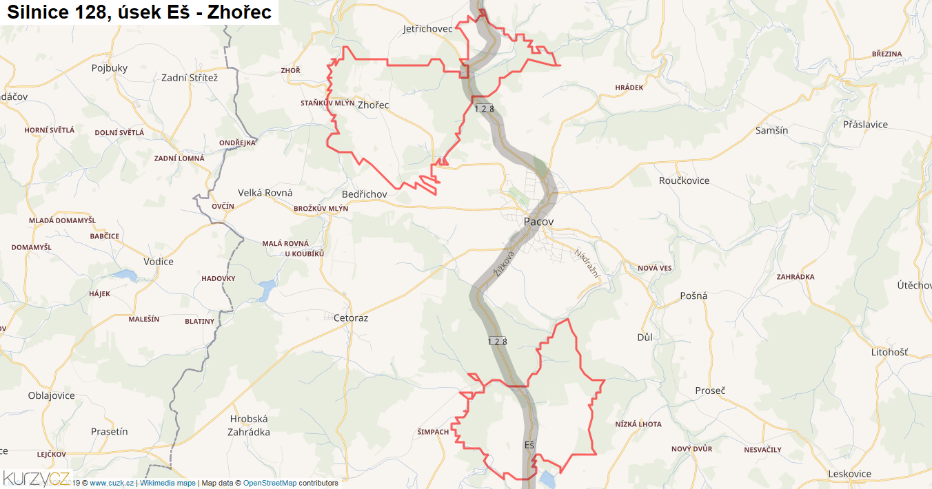 Úsek Eš - Zhořec, Silnice 128 - Mapa