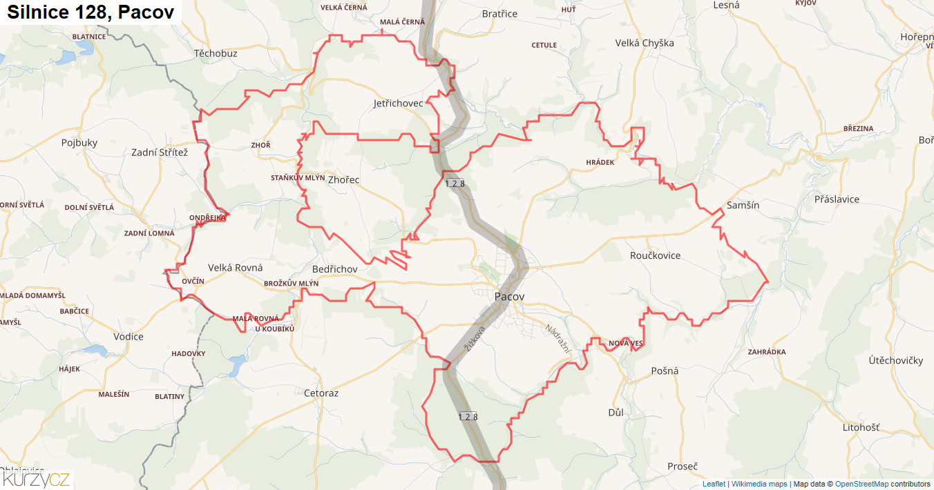 Pacov, Silnice 128 - Mapa