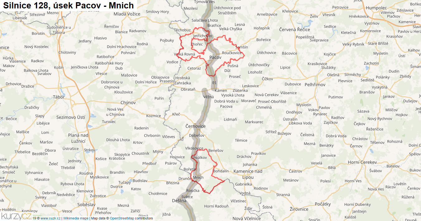 Úsek Pacov - Mnich, Silnice 128 - Mapa