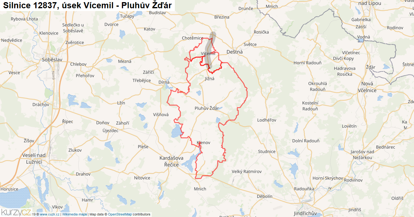 Úsek Vícemil - Pluhův Žďár, Silnice 12837 - Mapa