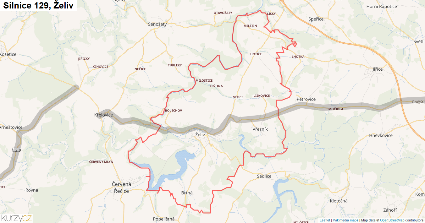 Želiv, Silnice 129 - Mapa