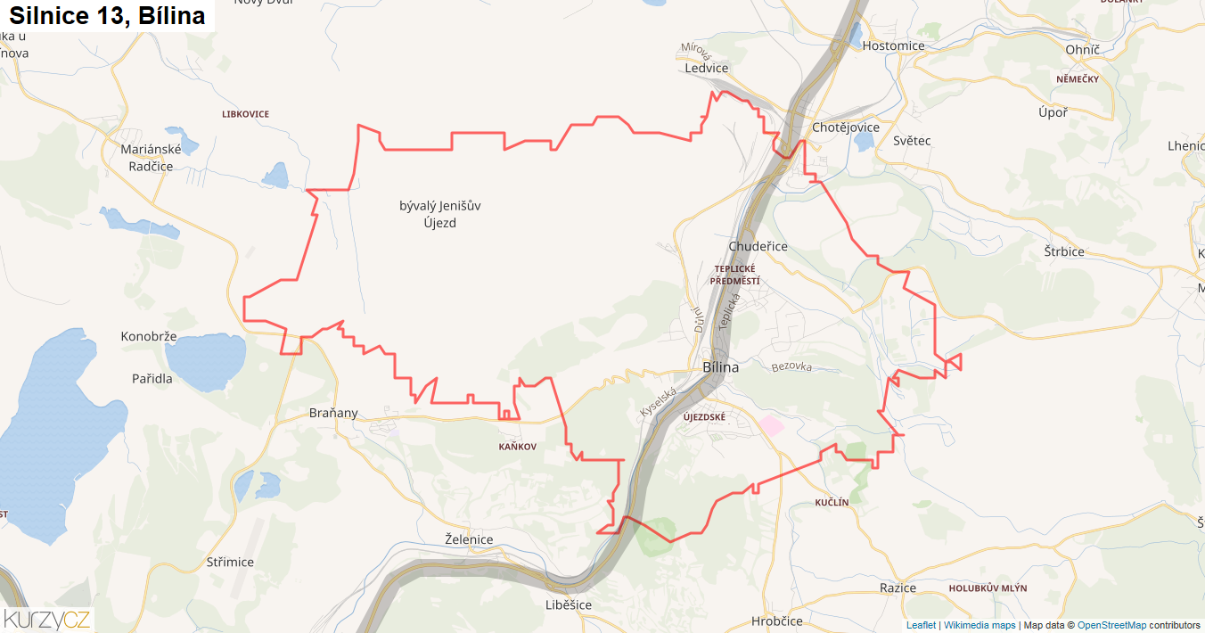 Bílina, Silnice 13 - Mapa