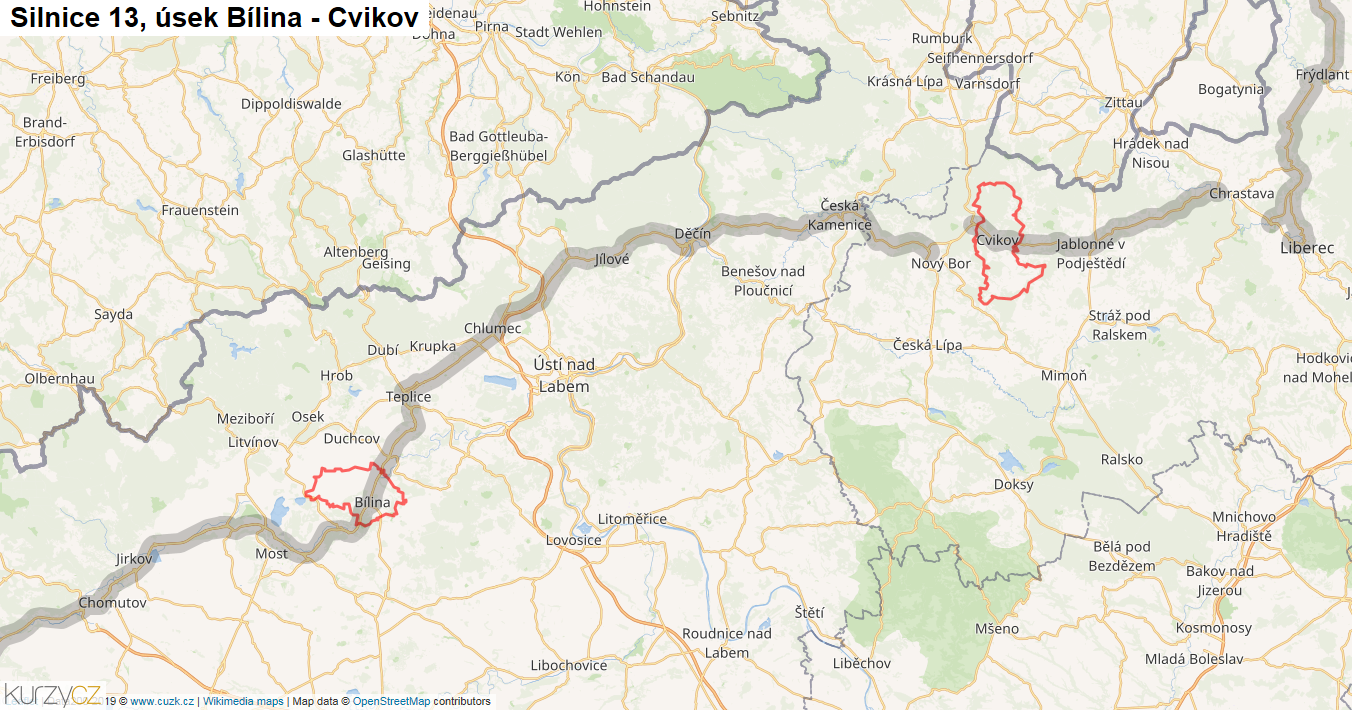 Úsek Bílina - Cvikov, Silnice 13 - Mapa