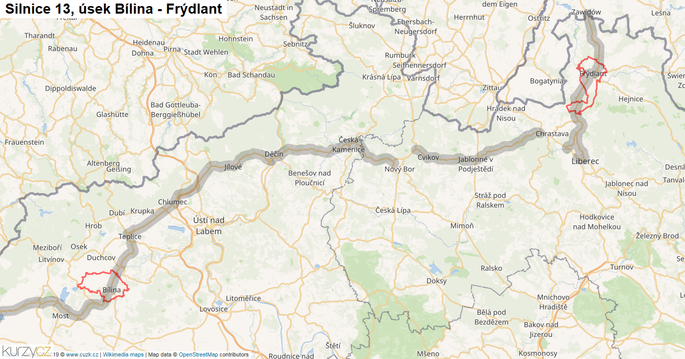 Úsek Bílina - Frýdlant, Silnice 13 - Mapa
