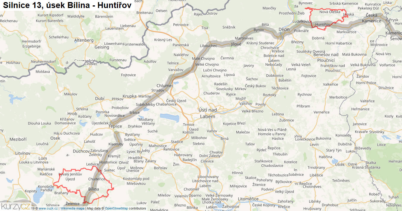 Úsek Bílina - Huntířov, Silnice 13 - Mapa