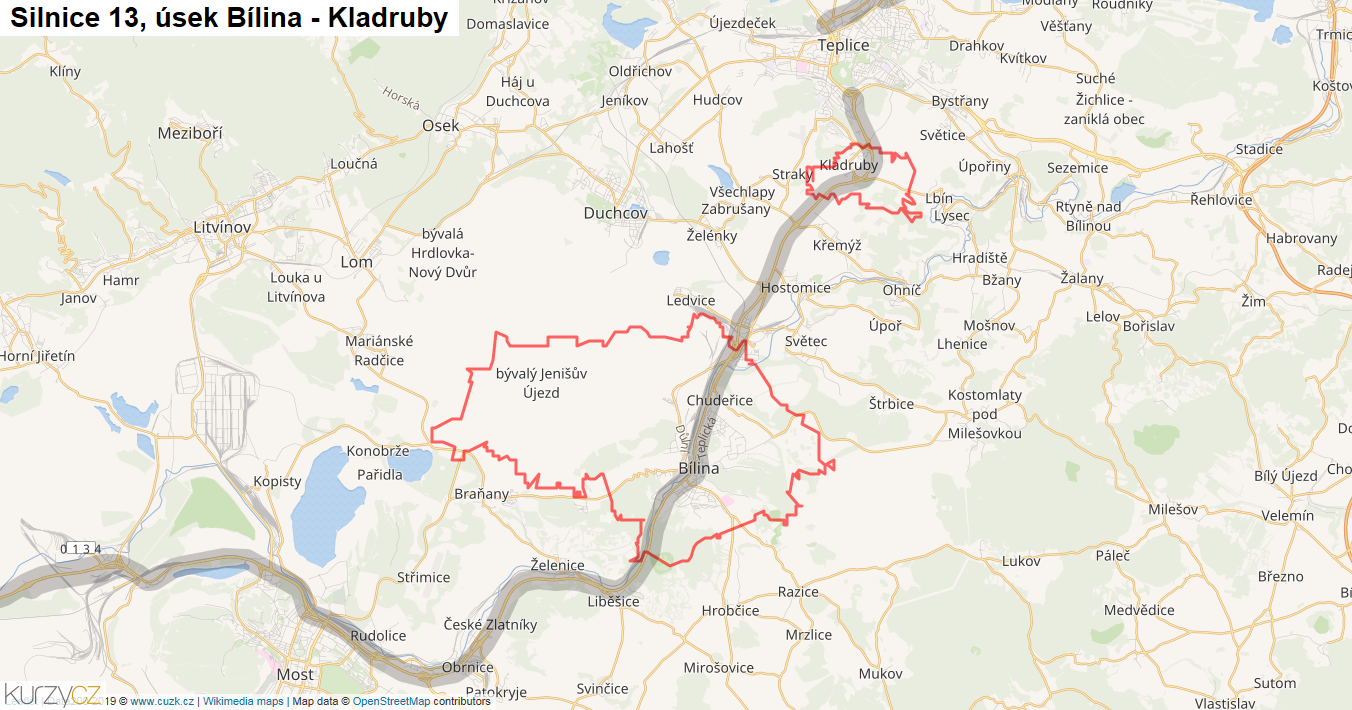 Úsek Bílina - Kladruby, Silnice 13 - Mapa