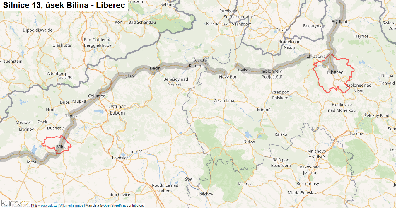 Úsek Bílina - Liberec, Silnice 13 - Mapa