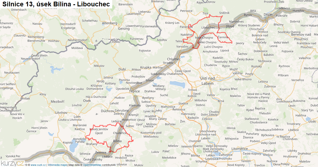 Úsek Bílina - Libouchec, Silnice 13 - Mapa