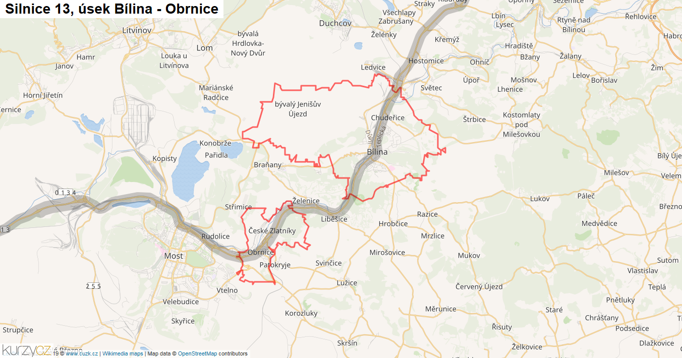 Úsek Bílina - Obrnice, Silnice 13 - Mapa