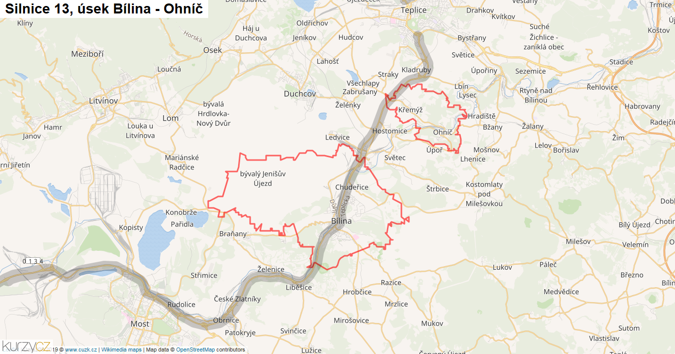 Úsek Bílina - Ohníč, Silnice 13 - Mapa