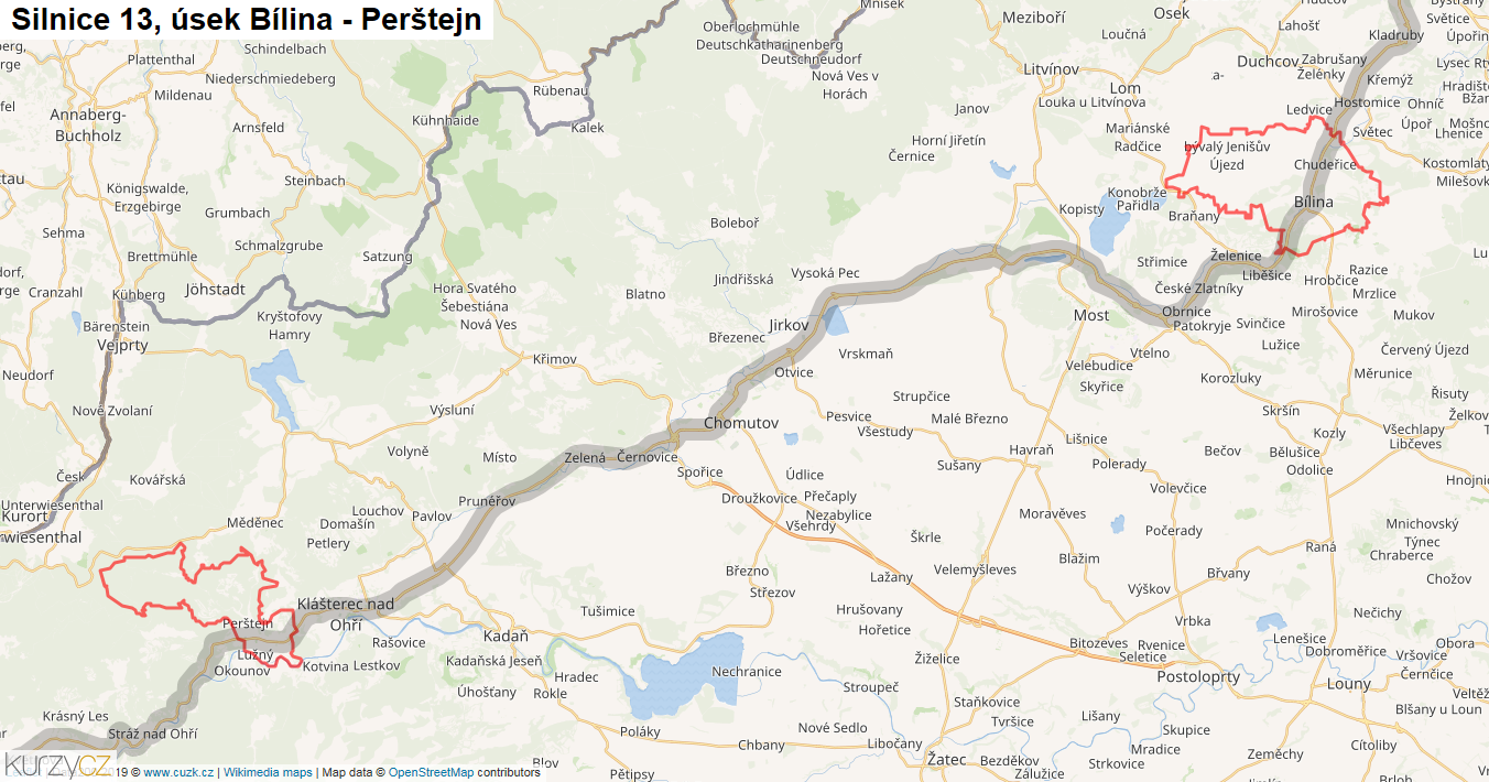 Úsek Bílina - Perštejn, Silnice 13 - Mapa