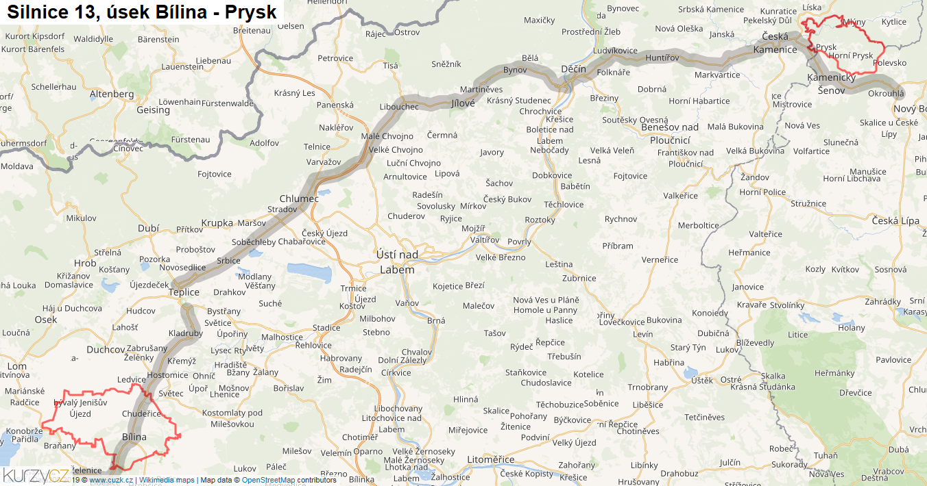 Úsek Bílina - Prysk, Silnice 13 - Mapa