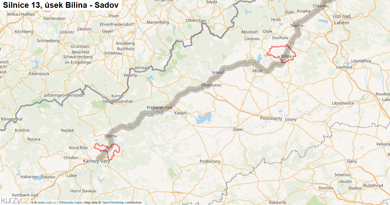 Úsek Bílina - Sadov, Silnice 13 - Mapa