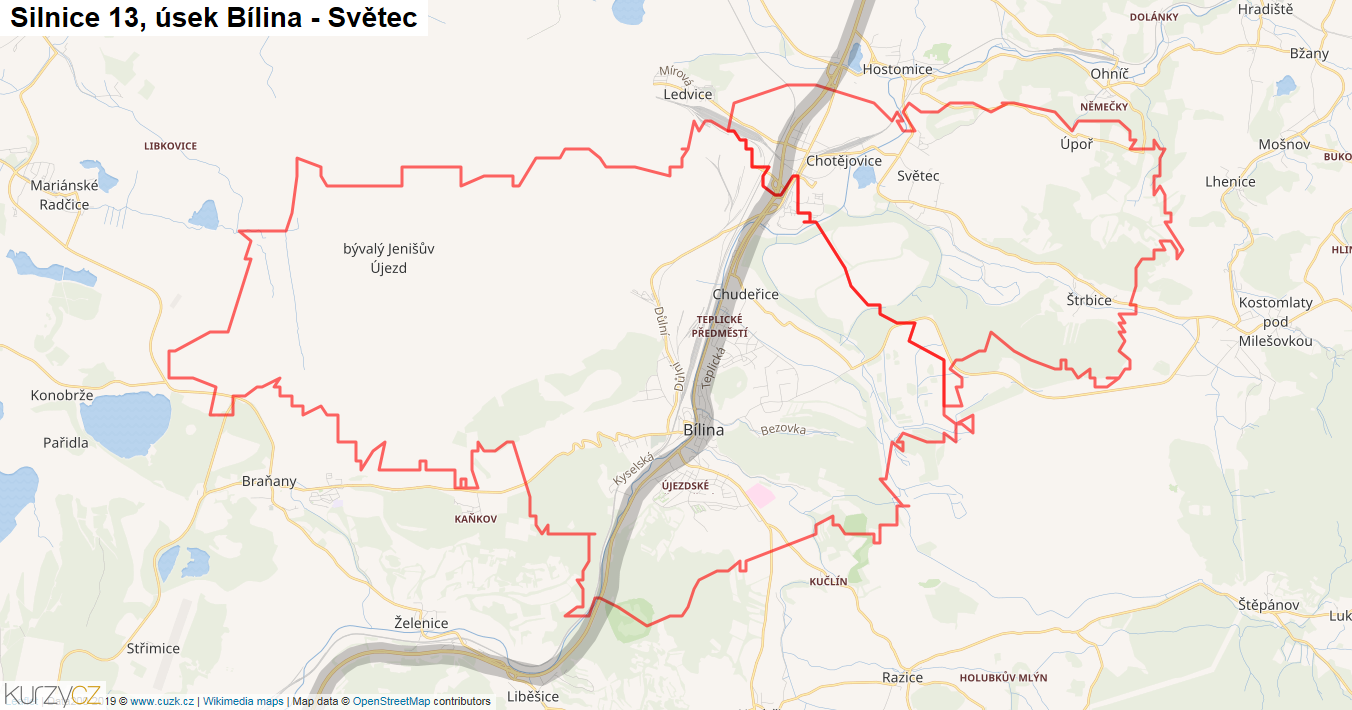 Úsek Bílina - Světec, Silnice 13 - Mapa