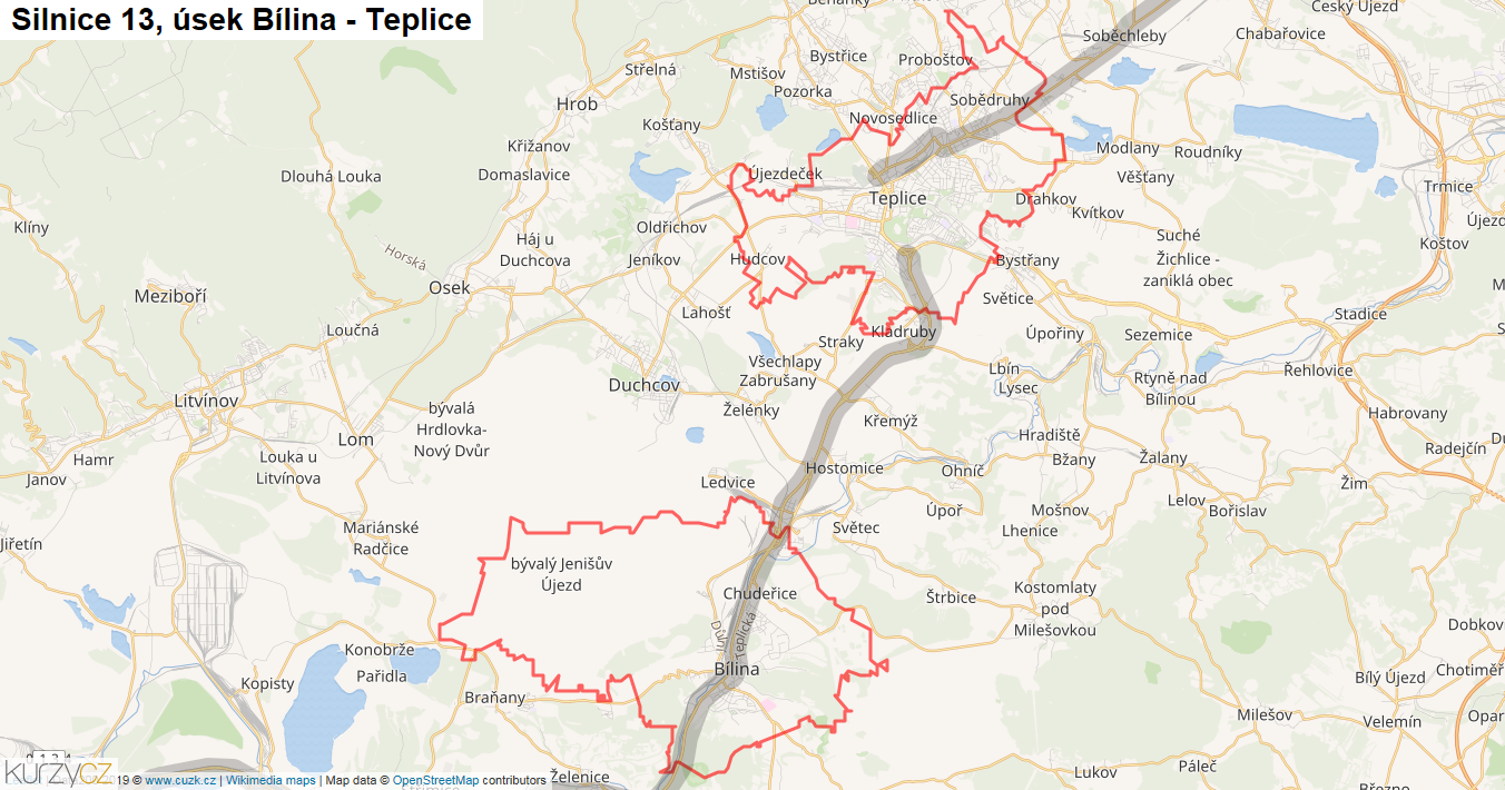 Úsek Bílina - Teplice, Silnice 13 - Mapa