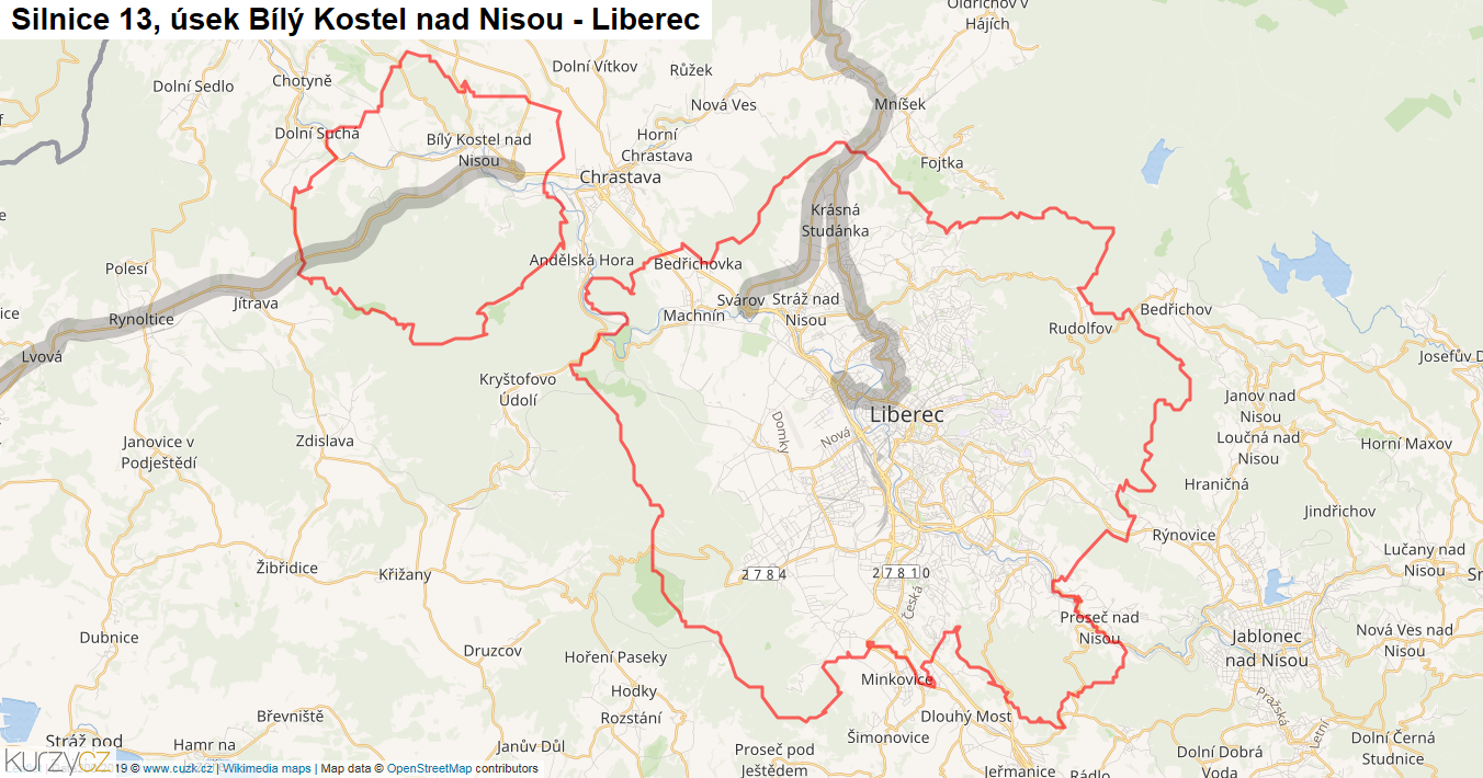 Úsek Bílý Kostel nad Nisou - Liberec, Silnice 13 - Mapa