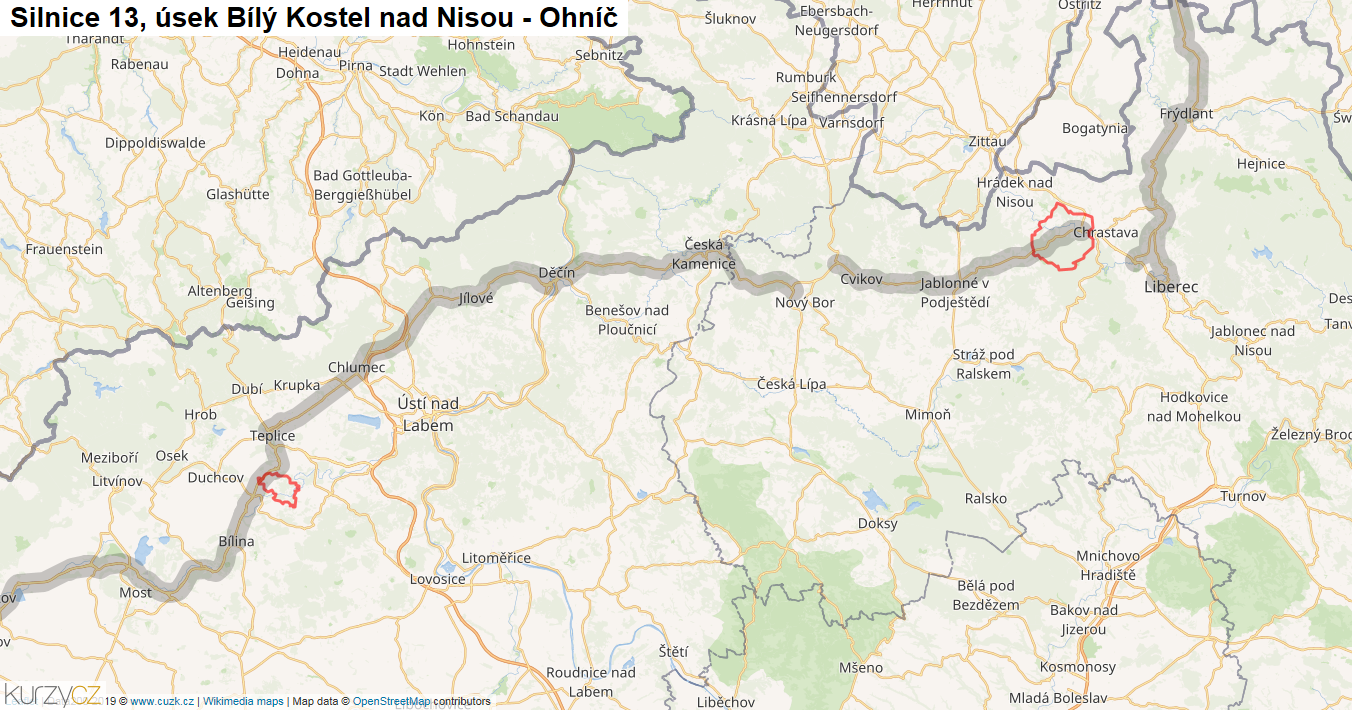 Úsek Bílý Kostel nad Nisou - Ohníč, Silnice 13 - Mapa