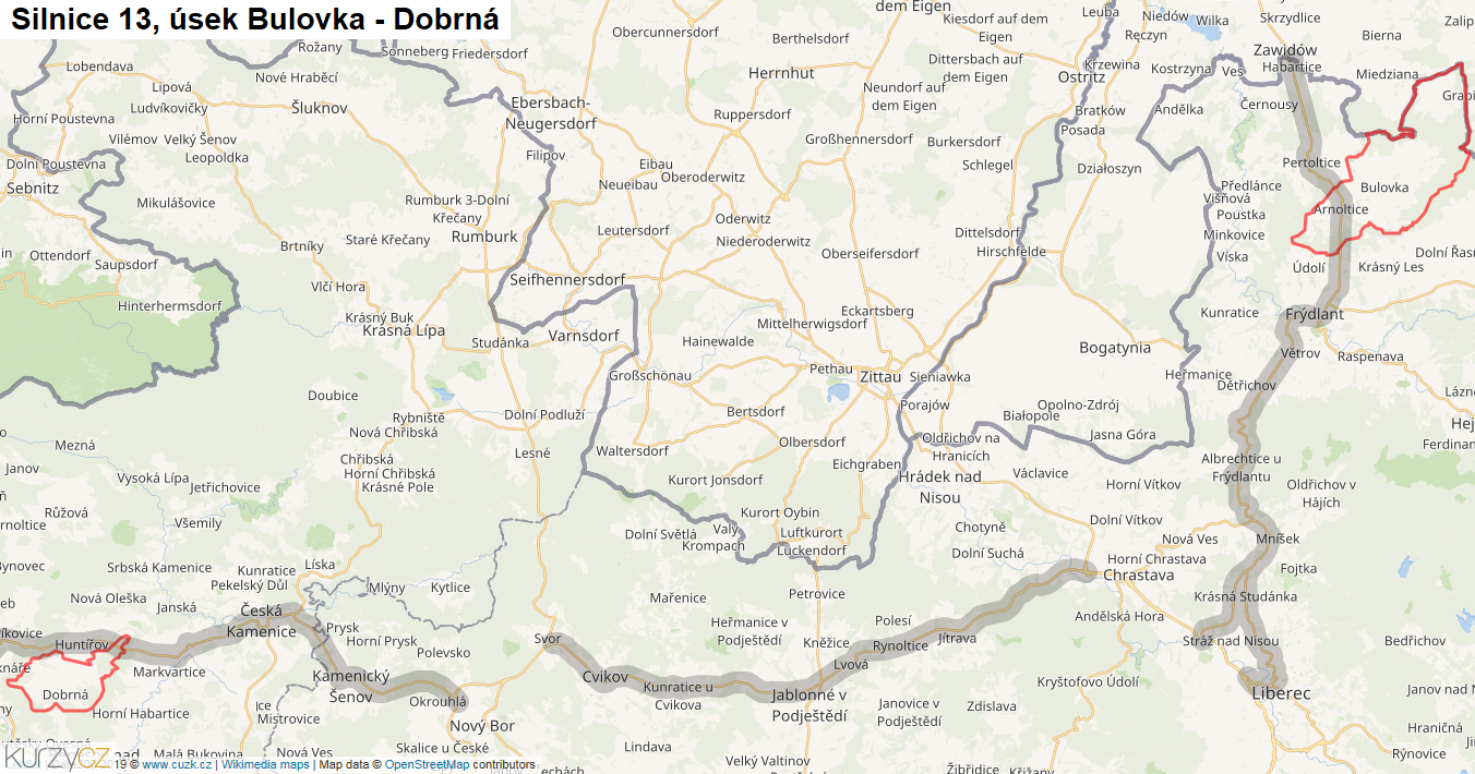 Úsek Bulovka - Dobrná, Silnice 13 - Mapa
