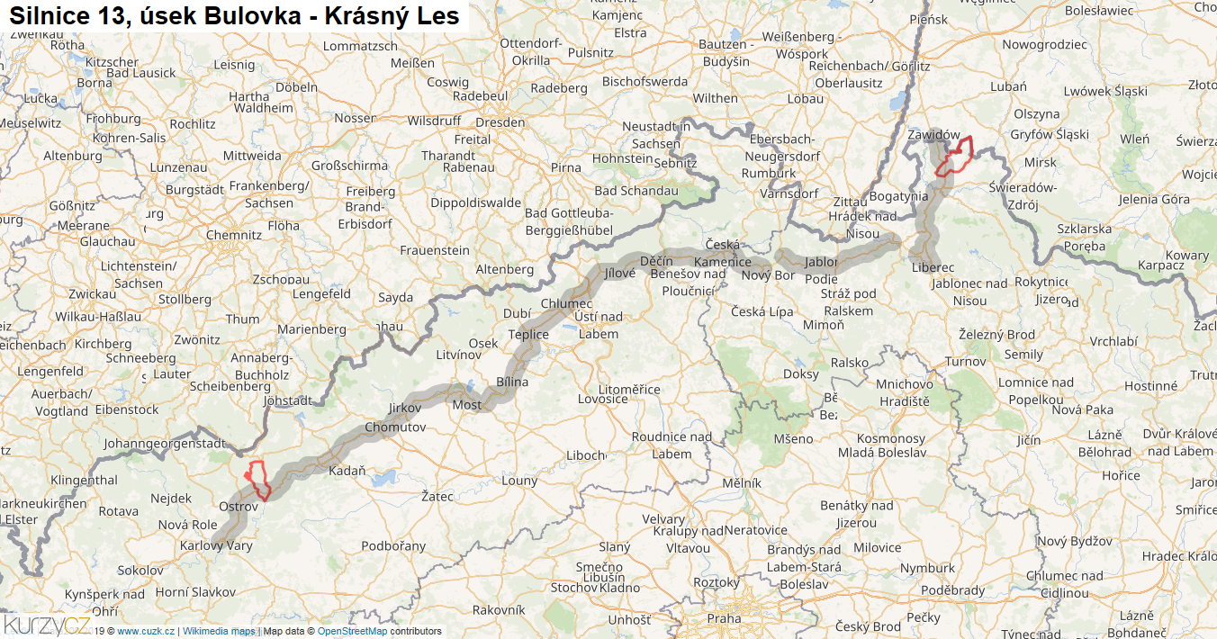 Úsek Bulovka - Krásný Les, Silnice 13 - Mapa