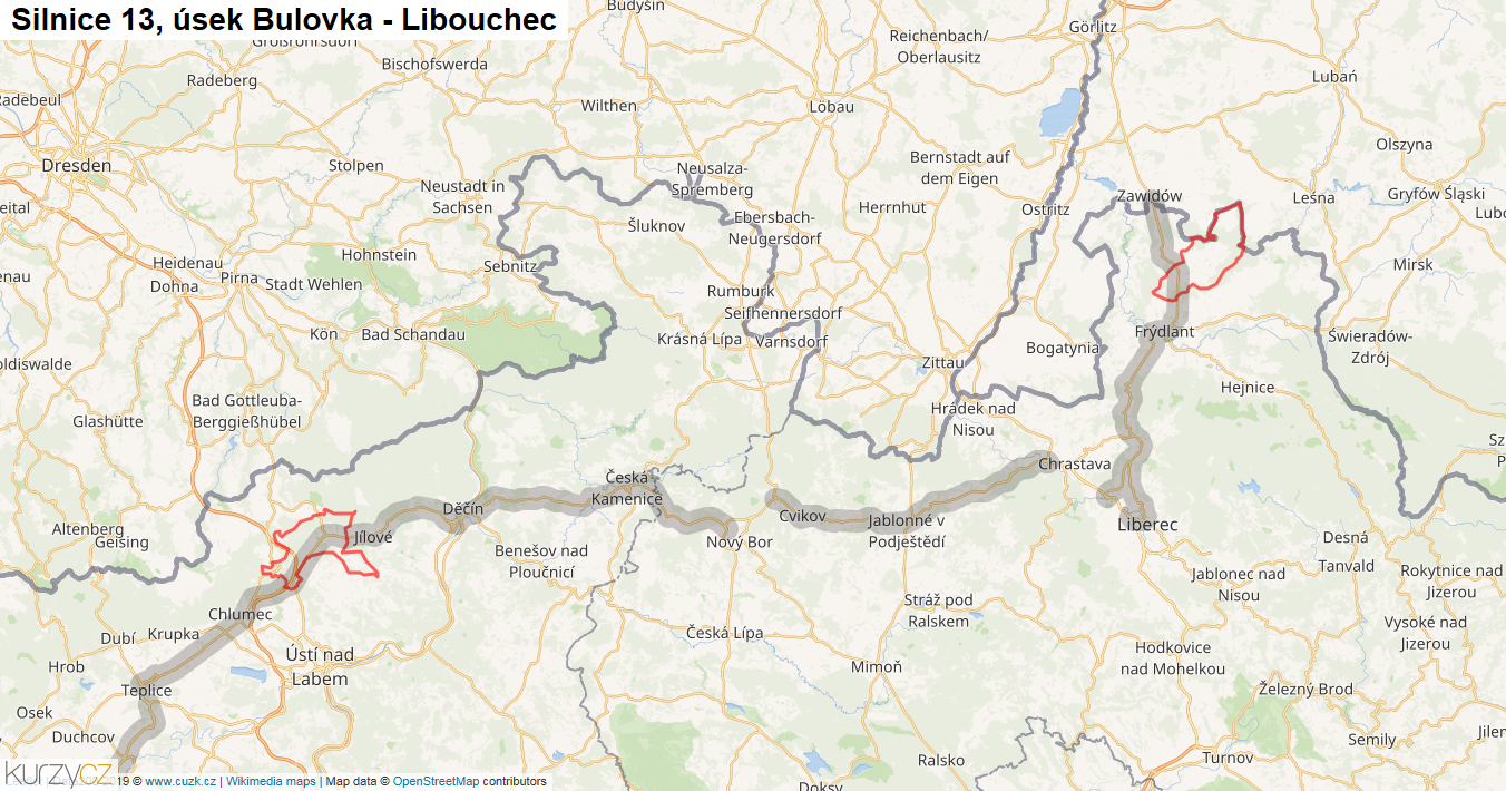 Úsek Bulovka - Libouchec, Silnice 13 - Mapa