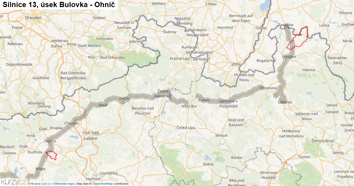 Úsek Bulovka - Ohníč, Silnice 13 - Mapa