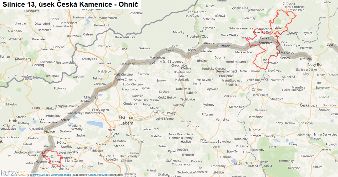 Úsek Česká Kamenice - Ohníč, Silnice 13 - Mapa