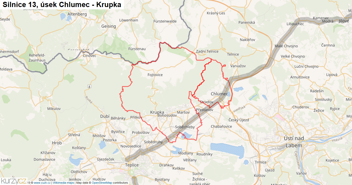 Úsek Chlumec - Krupka, Silnice 13 - Mapa