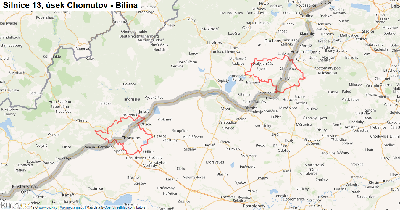 Úsek Chomutov - Bílina, Silnice 13 - Mapa
