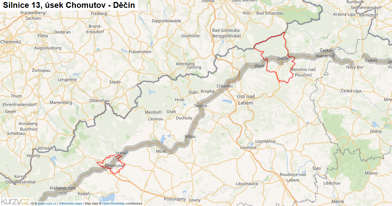 Úsek Chomutov - Děčín, Silnice 13 - Mapa