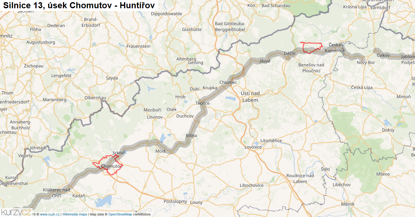 Úsek Chomutov - Huntířov, Silnice 13 - Mapa