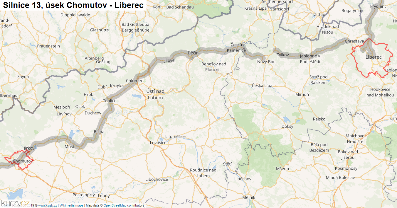 Úsek Chomutov - Liberec, Silnice 13 - Mapa