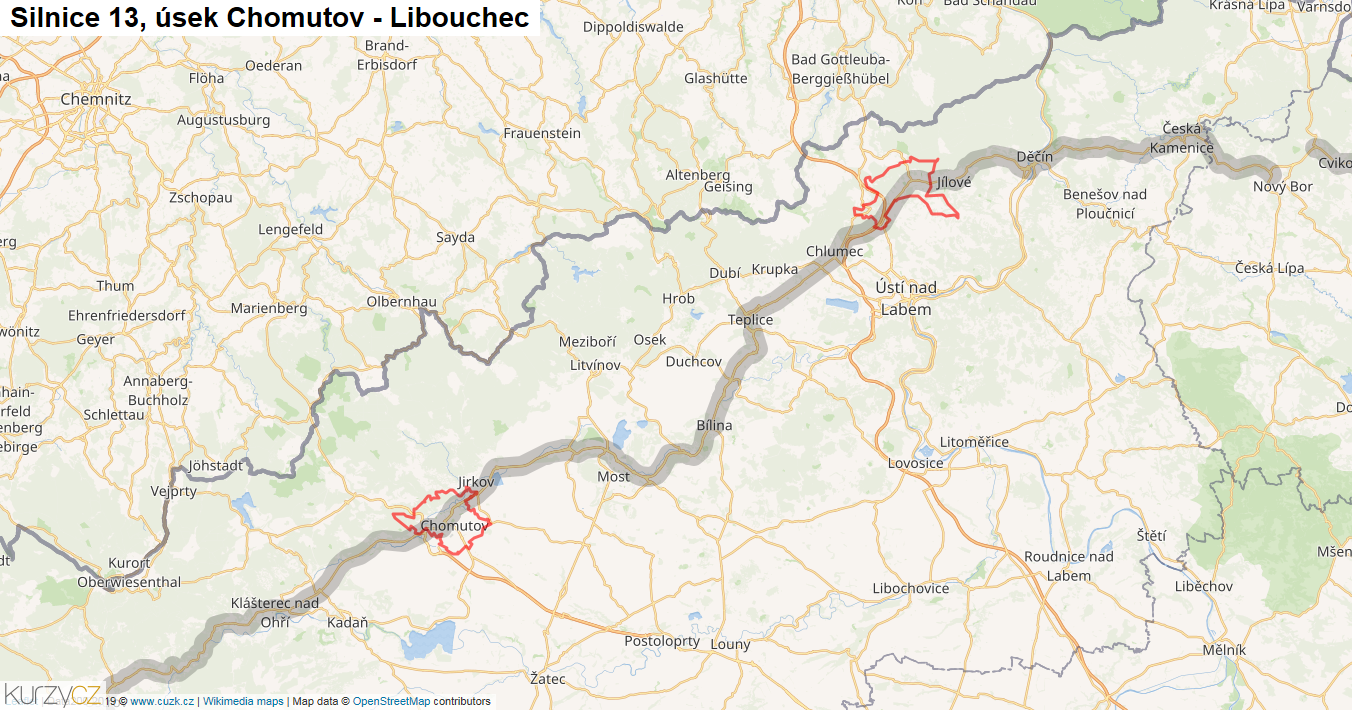 Úsek Chomutov - Libouchec, Silnice 13 - Mapa