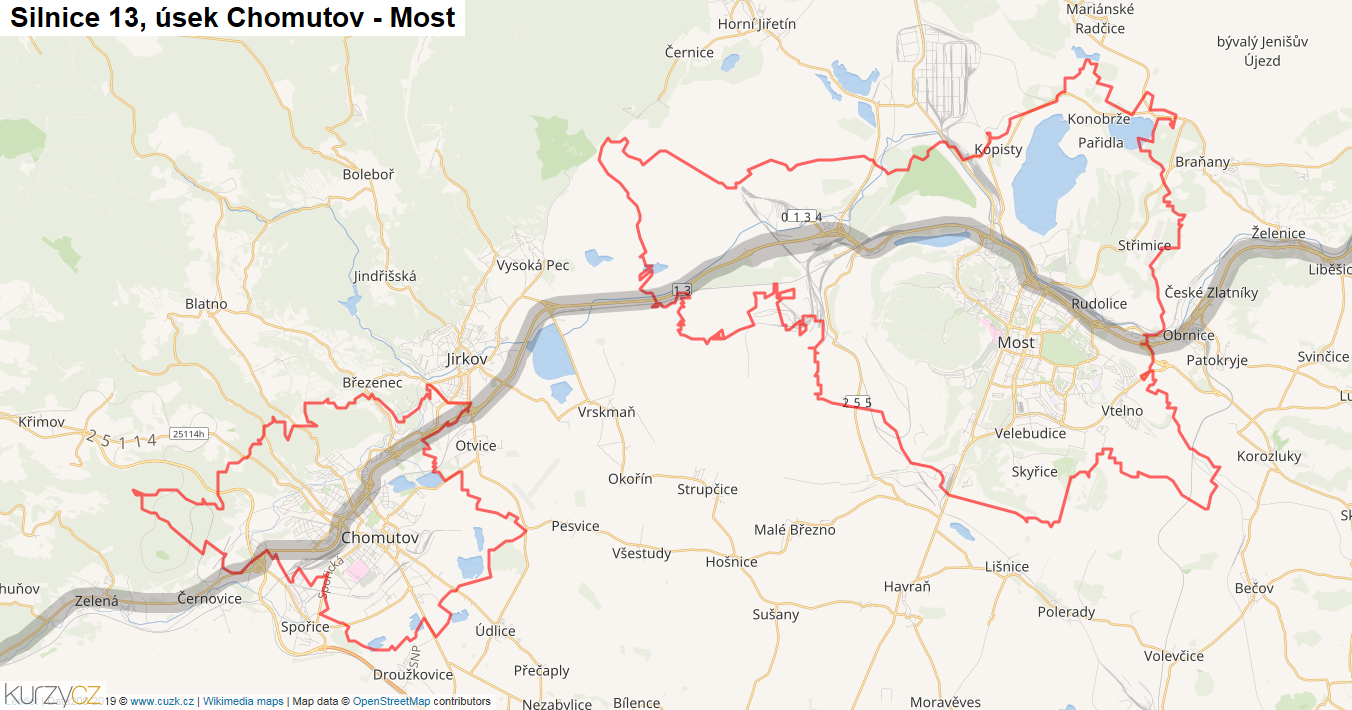 Úsek Chomutov - Most, Silnice 13 - Mapa