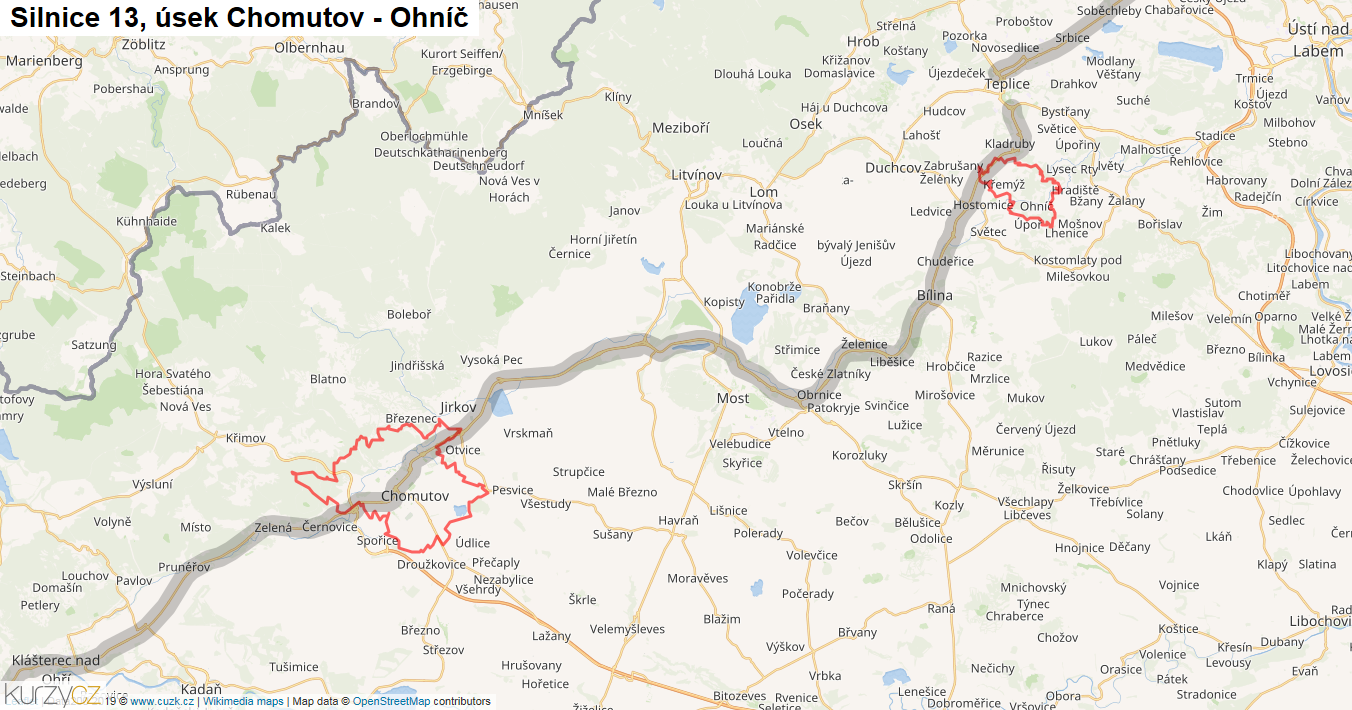 Úsek Chomutov - Ohníč, Silnice 13 - Mapa