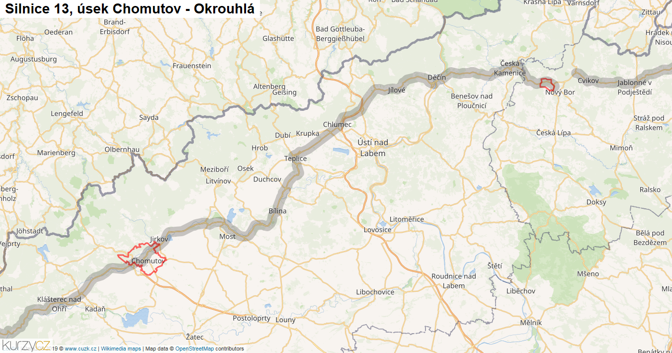 Úsek Chomutov - Okrouhlá, Silnice 13 - Mapa