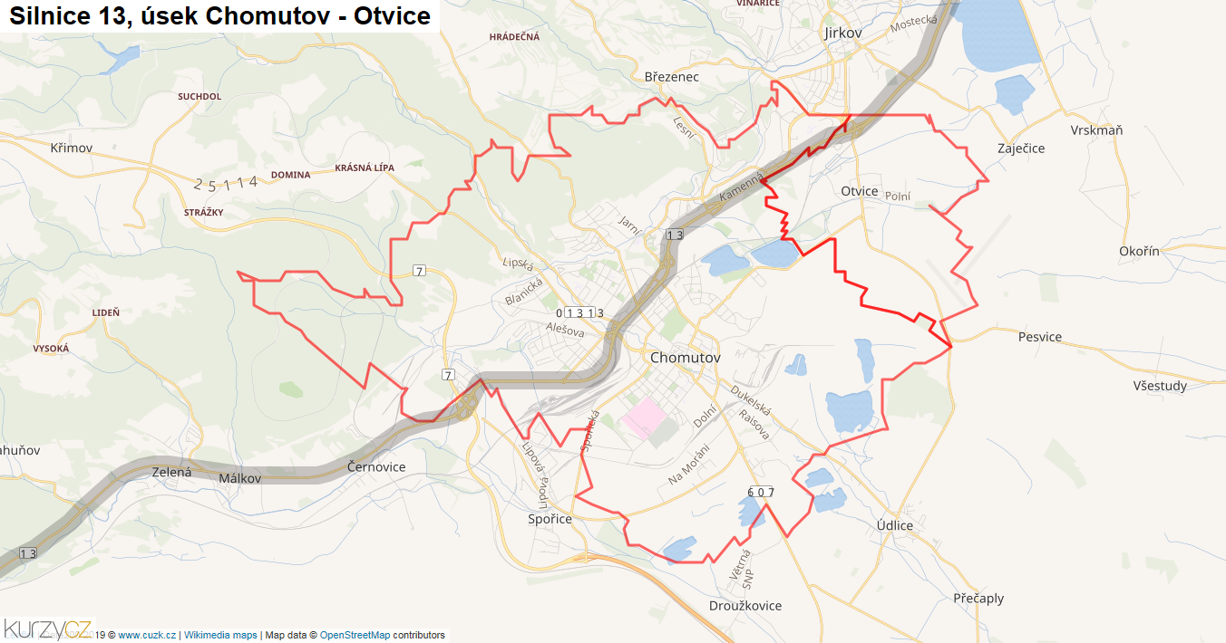 Úsek Chomutov - Otvice, Silnice 13 - Mapa