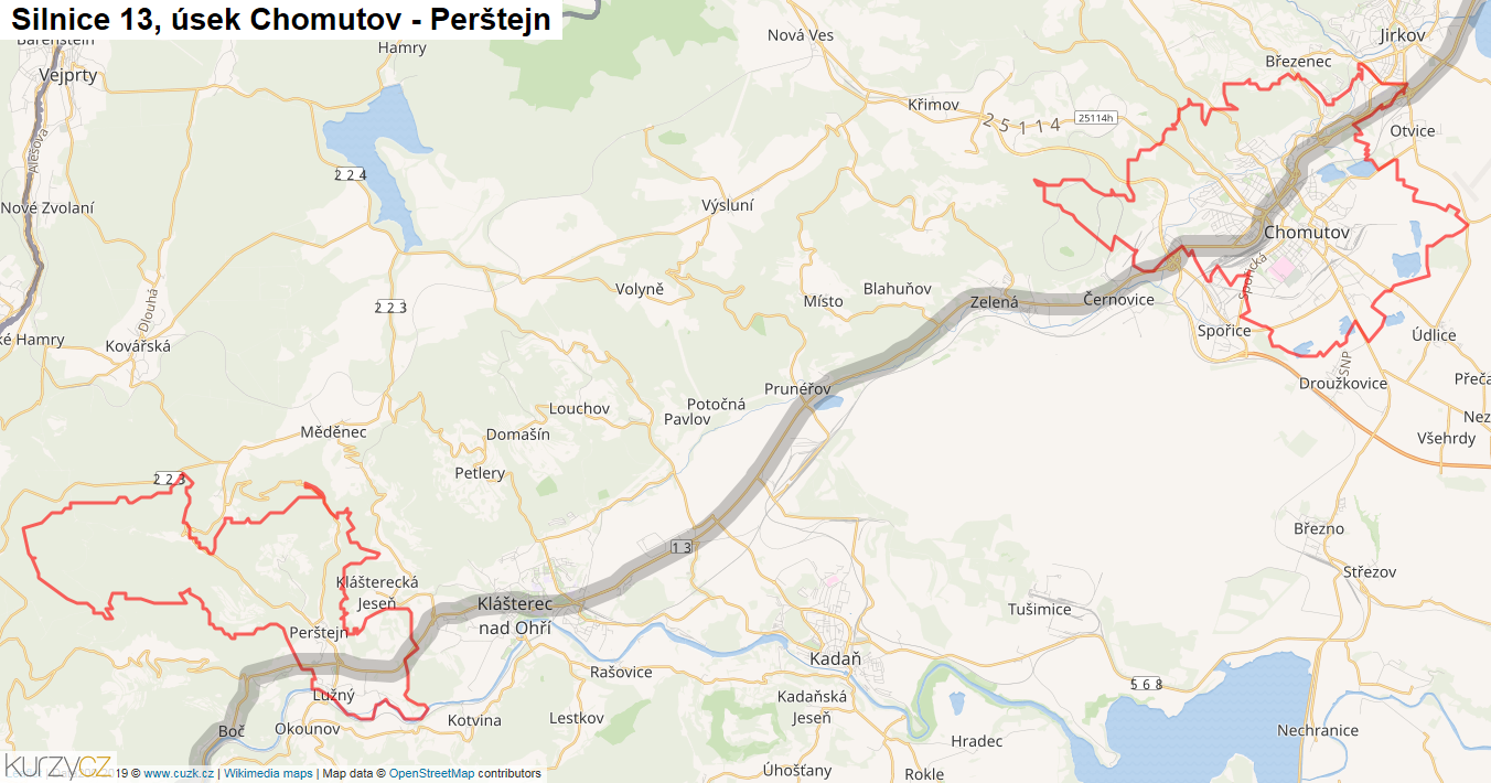 Úsek Chomutov - Perštejn, Silnice 13 - Mapa
