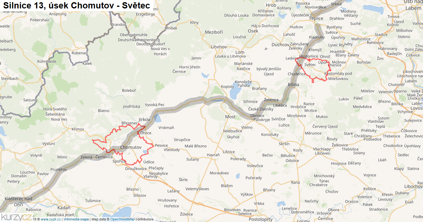 Úsek Chomutov - Světec, Silnice 13 - Mapa