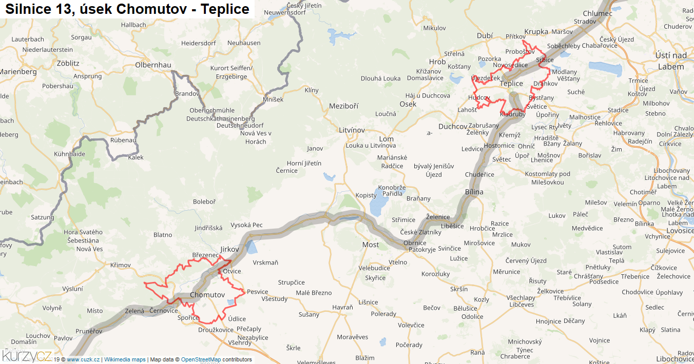 Úsek Chomutov - Teplice, Silnice 13 - Mapa