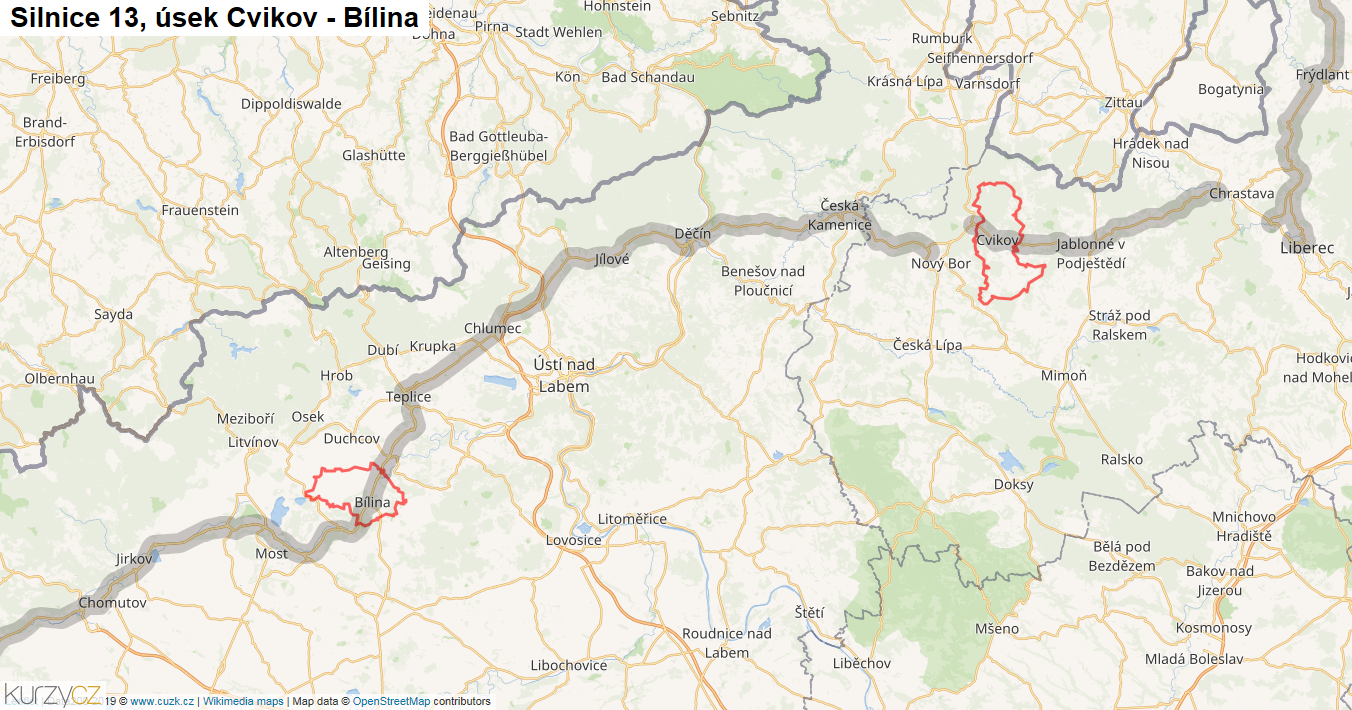 Úsek Cvikov - Bílina, Silnice 13 - Mapa
